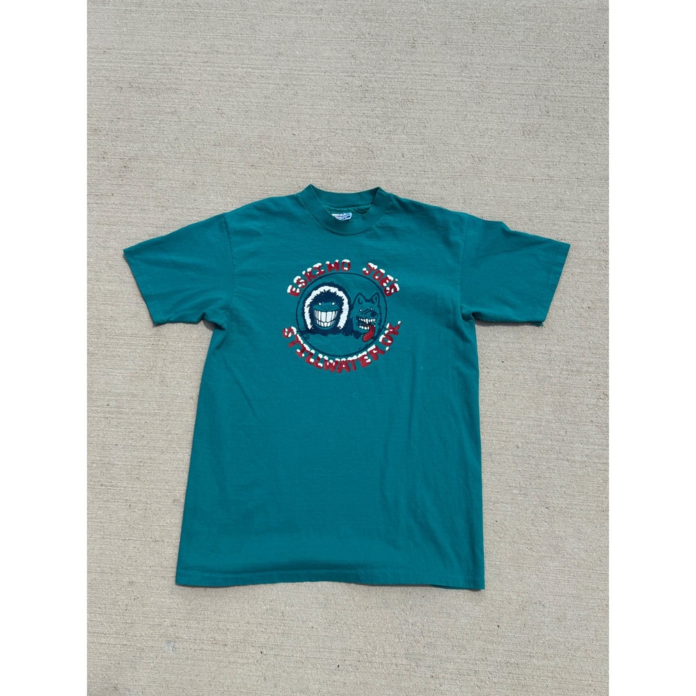 Vintage Eskimo Joes Stillwater OK Single Stitch Hanes Beefy T Shirt Teal Large